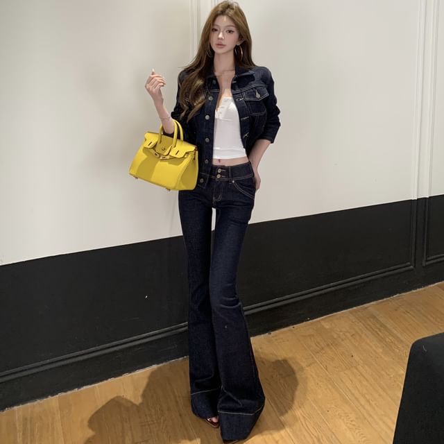 GOUB-Mid Waist Plain Flared Jeans Collared Denim Button Up Jacket