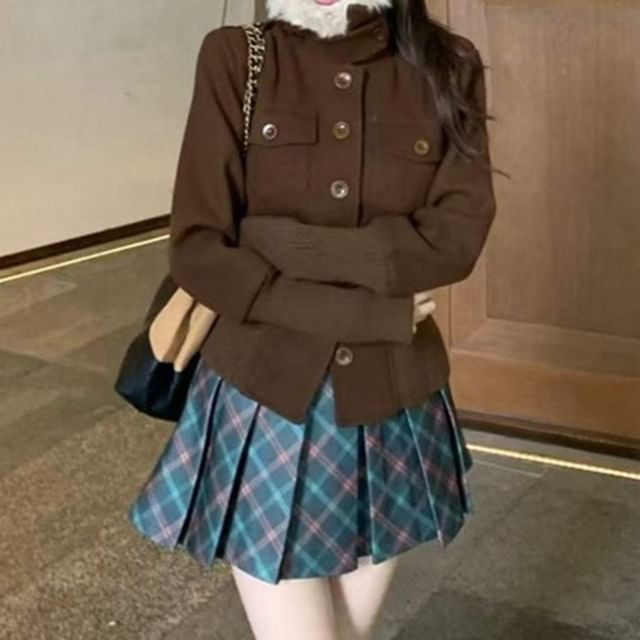 GOUB-Mock Neck Button-Up Plain Crop Jacket Tartan Check Mini Pleated Skirt