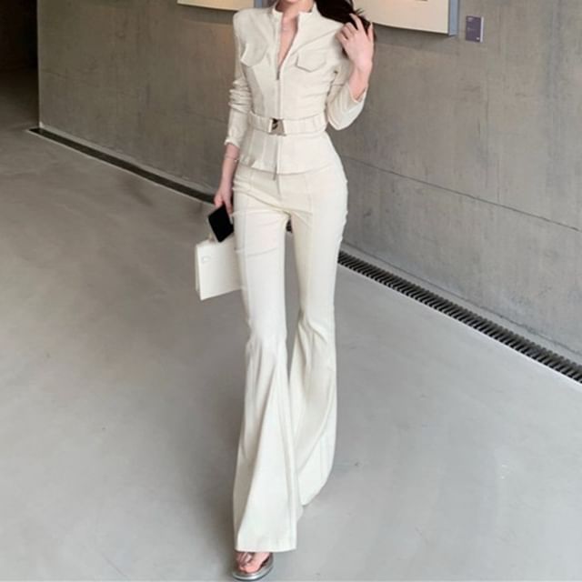 GOUB-Mock Neck Zip-Up Crop Jacket Mid Waist Bootcut Pants
