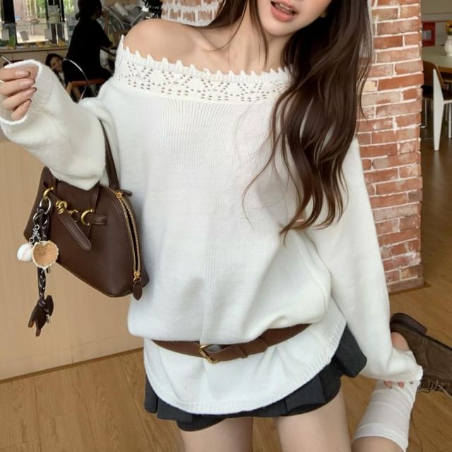 GOUB-Off Shoulder Plain Oversized Sweater