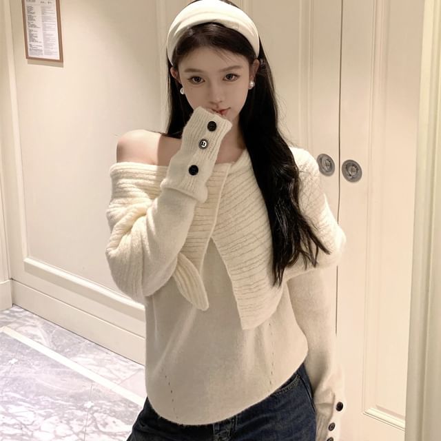 GOUB-Off Shoulder Plain Ribbed Sweater