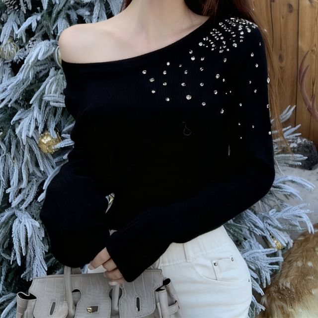 GOUB-One Shoulder Plain Rhinestone Sweater