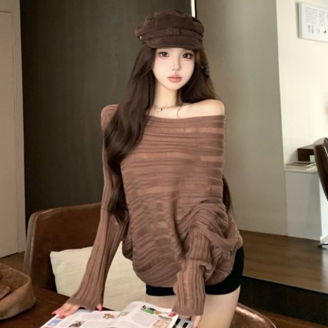 GOUB-One-Shoulder Striped Sweater