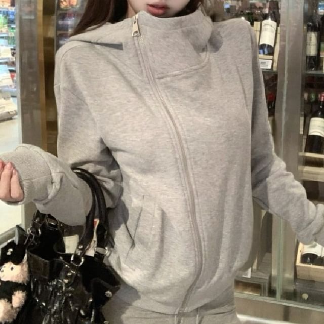 GOUB-Plain Asymmetrical Zip Hoodie