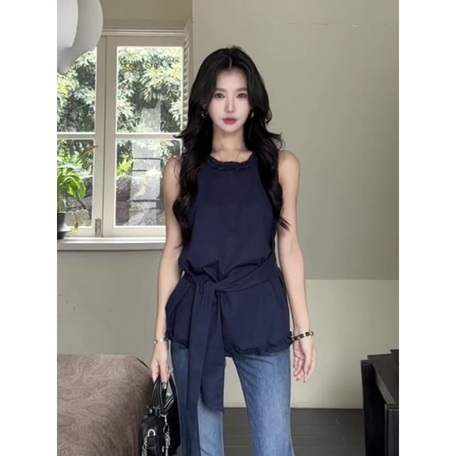 GOUB-Plain Lace Ruffle Tie-Side Tank Top