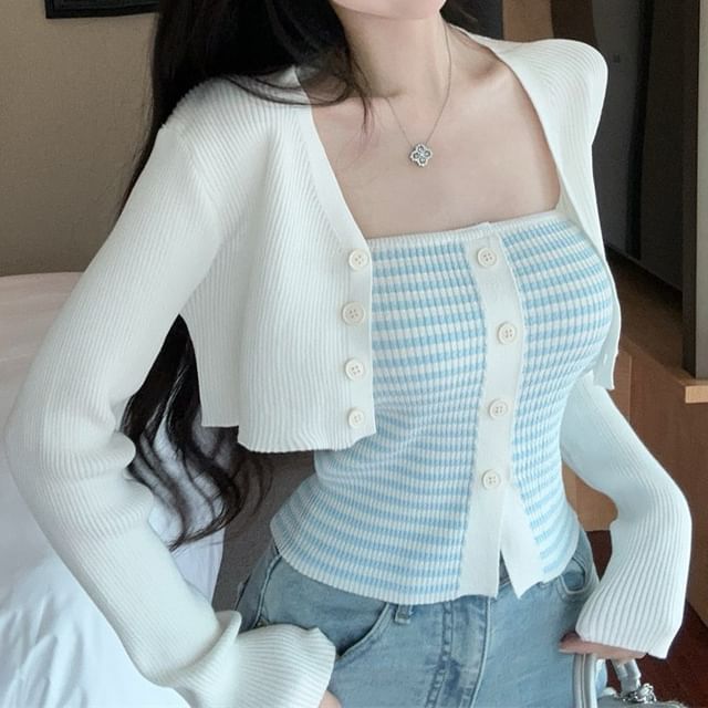 GOUB-Plain Ribbed Cropped Cardigan Strapless Striped Button-Up Top