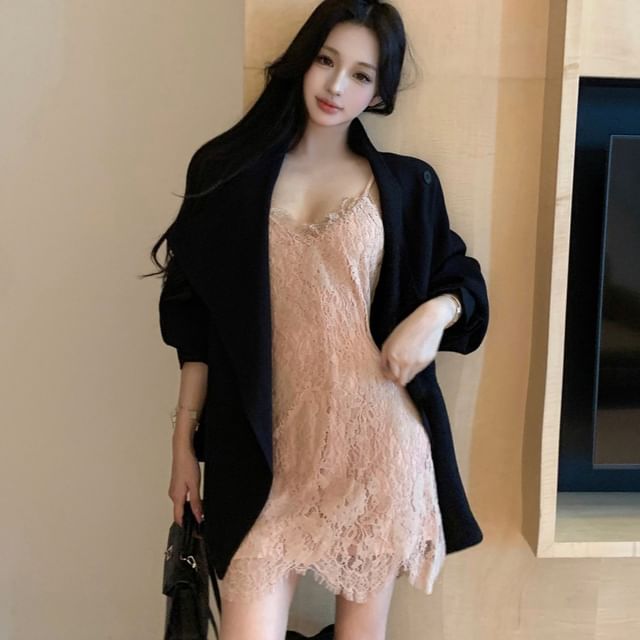 GOUB-Round Neck Plain Double Breasted Trench Jacket Spaghetti Strap V-Neck Lace A-Line Dress Various Designs