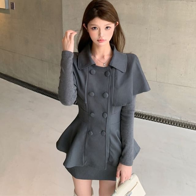 GOUB-Set Collared Plain Double Breasted Coat High Rise Plain Mini Pencil Skirt