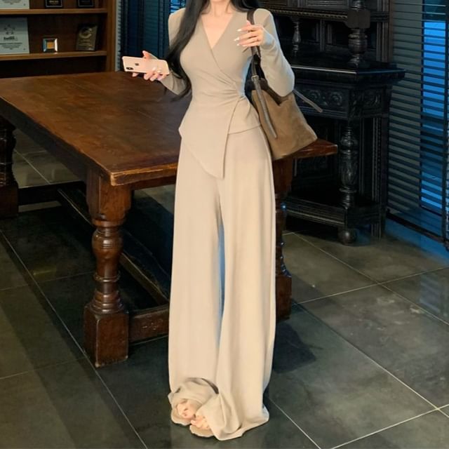 GOUB-Set Long-Sleeve V-Neck Plain Asymmetrical Tee High Rise Plain Wide Leg Pants