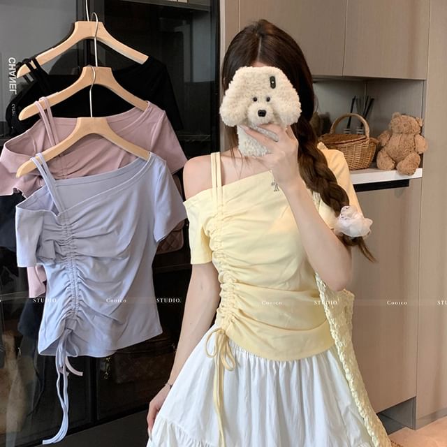 GOUB-Short Sleeve Cold Shoulder Plain Drawstring Top