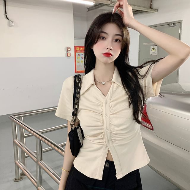 GOUB-Short Sleeve Collared V-Neck Plain Ruched Button Top