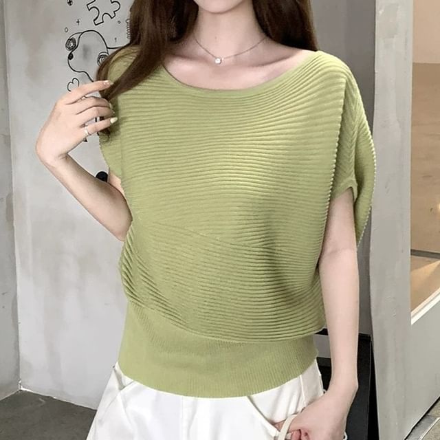 GOUB-Short-Sleeve One-Shoulder Plain Ribbed Knit Top