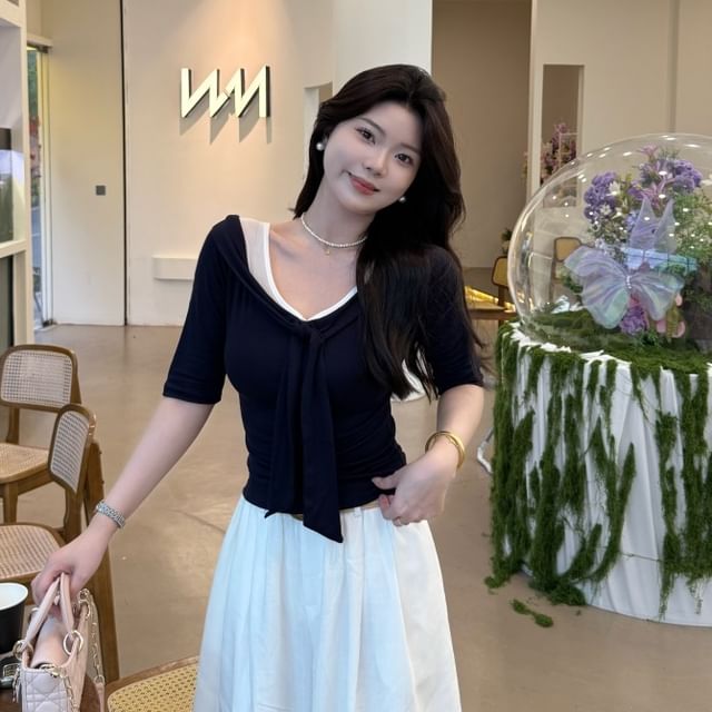 GOUB-Short Sleeve V-Neck Mock Two Piece Top
