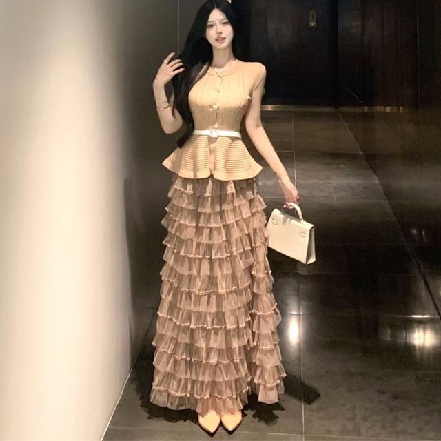 GOUB-Sleeveless Round Neck Plain Peplum Rhinestone Button Knit Top High Waist Plain Tiered Mesh Maxi A-Line Skirt Belt