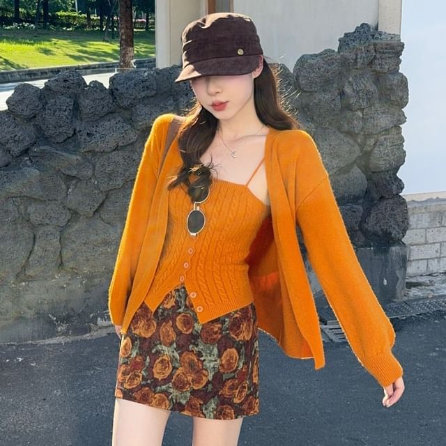 GOUB-Spaghetti Strap Plain Button Cable Knit Camisole Top Plain Cardigan High Rise Floral Mini A-Line Skirt Set