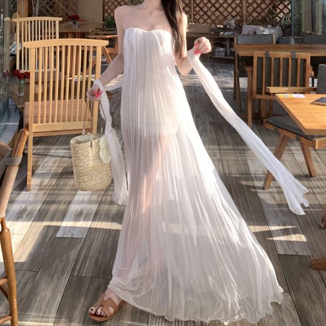 GOUB-Strapless Plain Pleated Mesh Maxi A-Line Dress