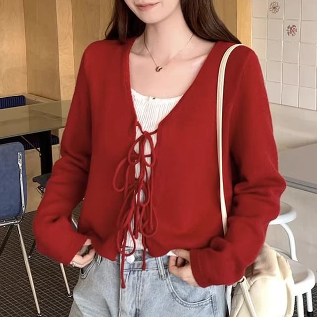 GOUB-V-Neck Plain Tie Front Cardigan