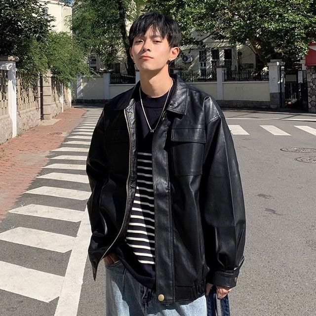 GRAYCIOUS-Collar Plain Faux Leather Zip Jacket
