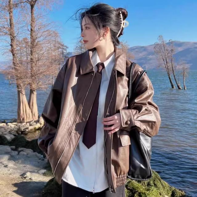 GRAYCIOUS-Collar Plain Faux Leather Zip Jacket