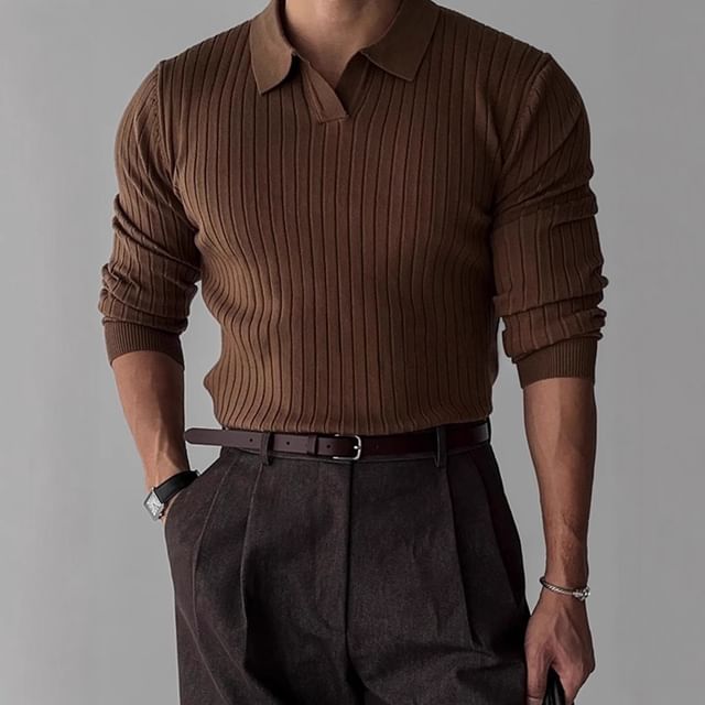 GRAYCIOUS-Collar Plain Ribbed Sweater