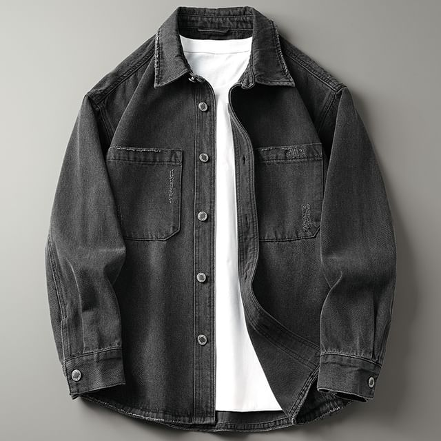 GRAYCIOUS-Collar Washed Denim Pocket Detail Button Jacket