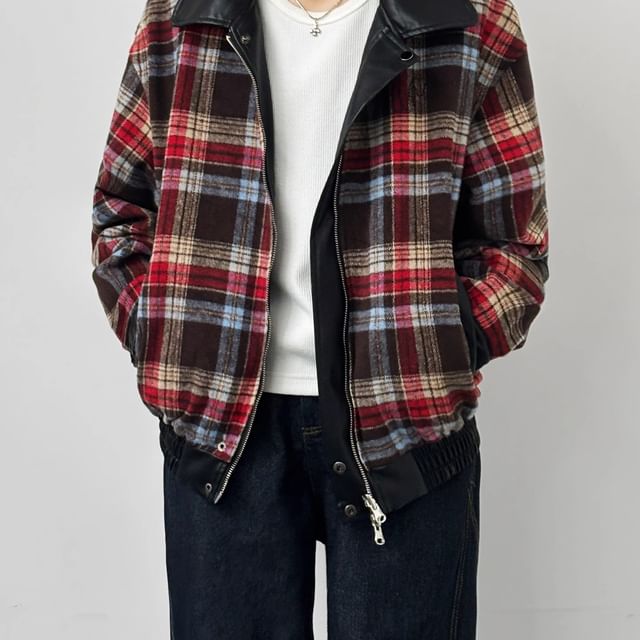 GRAYCIOUS-Collared Plaid Panel Faux Leather Zip Jacket