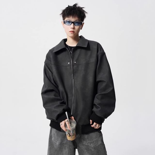 GRAYCIOUS-Collared Plain Faux Leather Zip Bomber Jacket