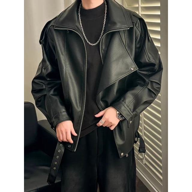 GRAYCIOUS-Collared Plain Fleece-Lined Faux Leather Zip Biker Jacket