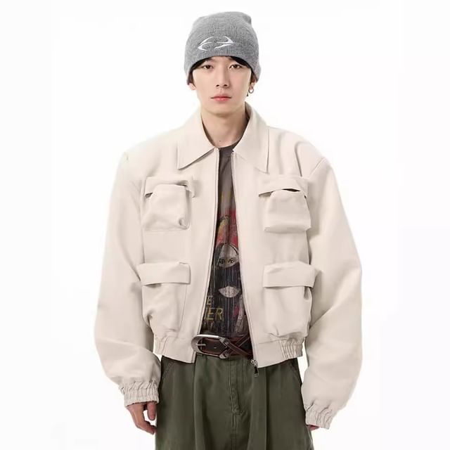 GRAYCIOUS-Collared Plain Pocket Zip Jacket