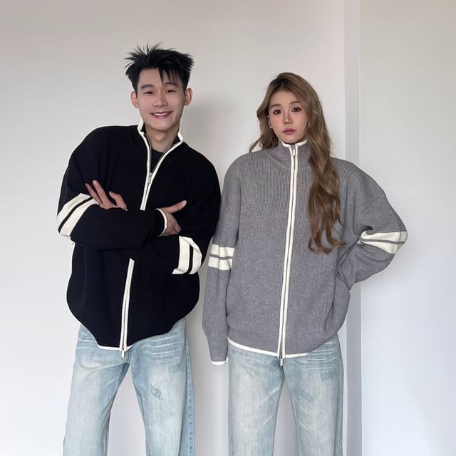 GRAYCIOUS - Couple Matching Stand Collar Striped Zip Oversized Cardigan ...