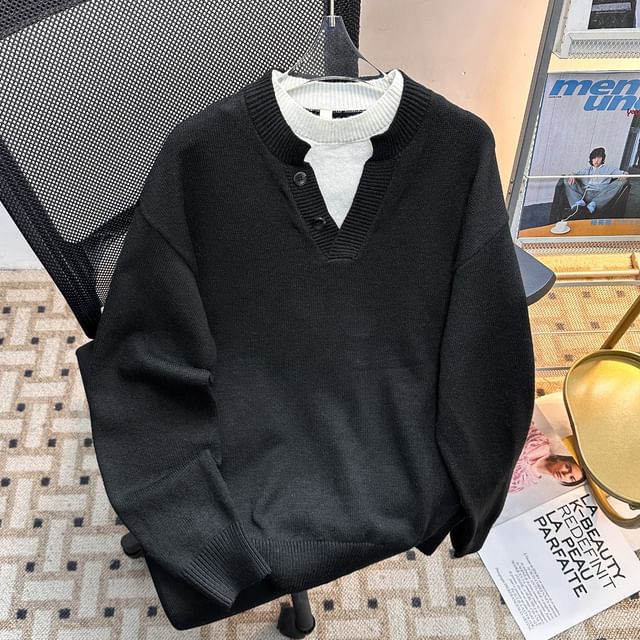 GRAYCIOUS-Crew Neck Drop Shoulder Mock Two Piece Sweater
