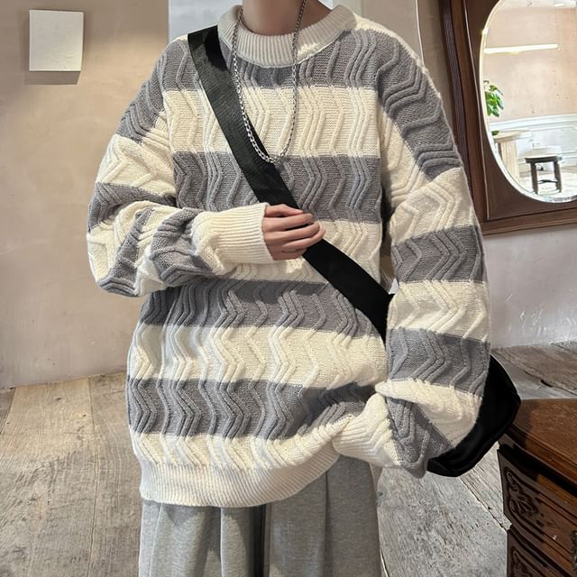 GRAYCIOUS-Crew Neck Striped Cable-Knit Oversized Sweater