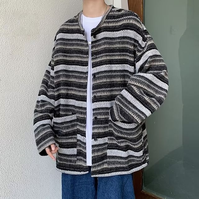 GRAYCIOUS-Crew Neck Striped Pocket Detail Cardigan