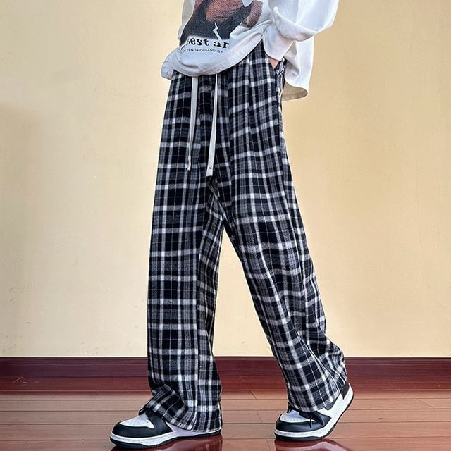 GRAYCIOUS-Drawstring Waist Plaid Loose Fit Pants