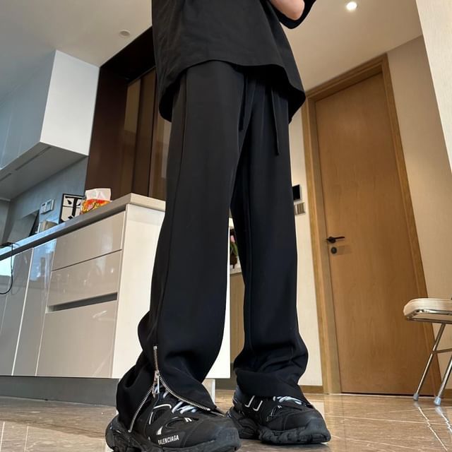 GRAYCIOUS-Drawstring Waist Plain Straight Leg Pants