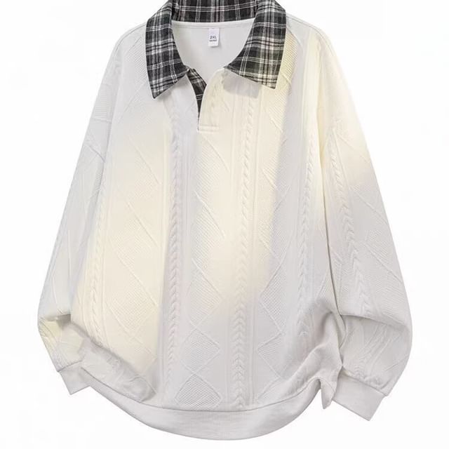 GRAYCIOUS-Drop Shoulder Plaid Panel Polo Sweatshirt