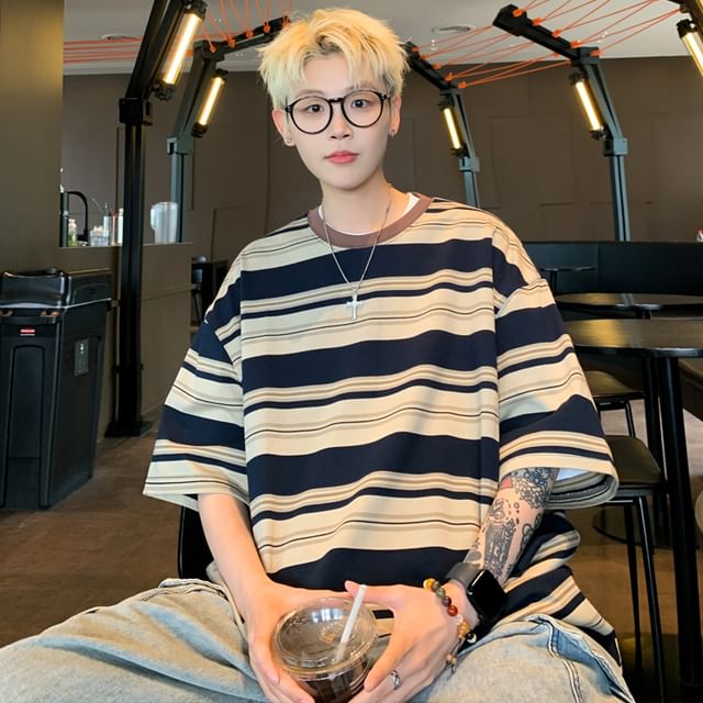 GRAYCIOUS-Elbow-Sleeve Crew Neck Striped Oversized T-Shirt
