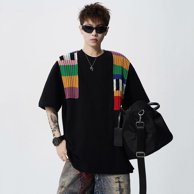 GRAYCIOUS-Elbow-Sleeve Crew Neck Striped Patchwork T-Shirt