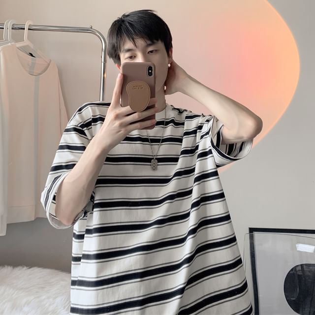 GRAYCIOUS-Elbow-Sleeve Crew Neck Striped T-Shirt