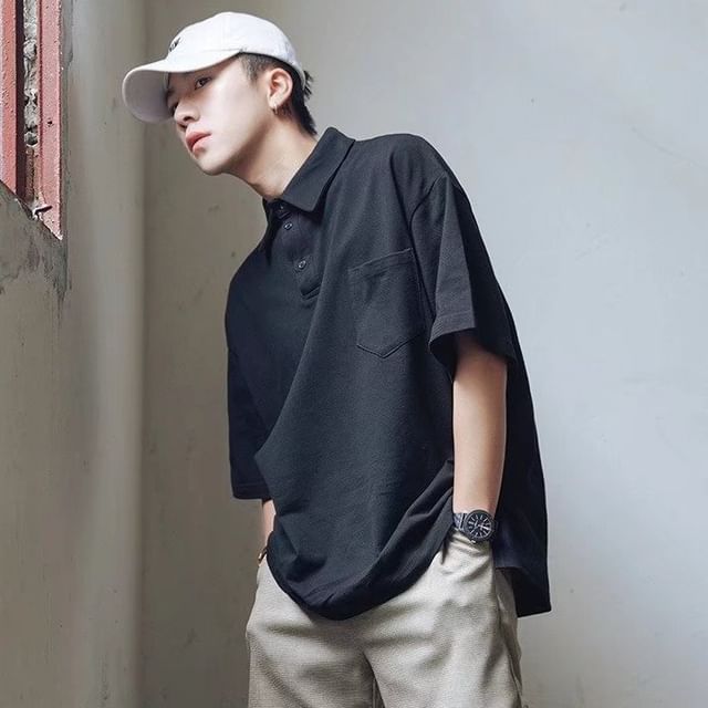 GRAYCIOUS-Elbow-Sleeve Pocketed Plain Polo Shirt