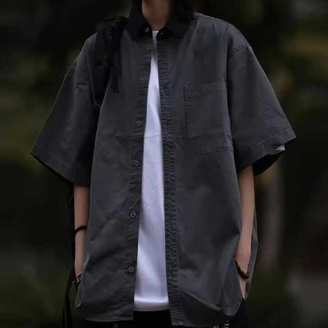 GRAYCIOUS-Elbow-Sleeve Two Tone Pocket Front Shirt