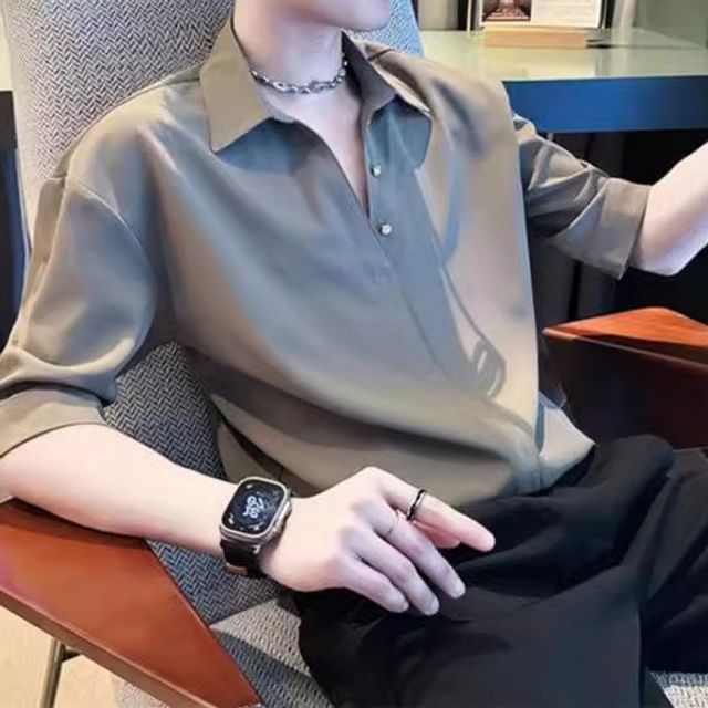 GRAYCIOUS-Elbow-Sleeve V-Neck Plain Shirt