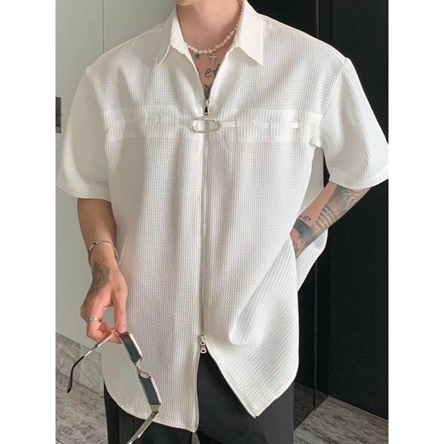 GRAYCIOUS-Elbow-Sleeve Zip-Up Plain Waffle Shirt