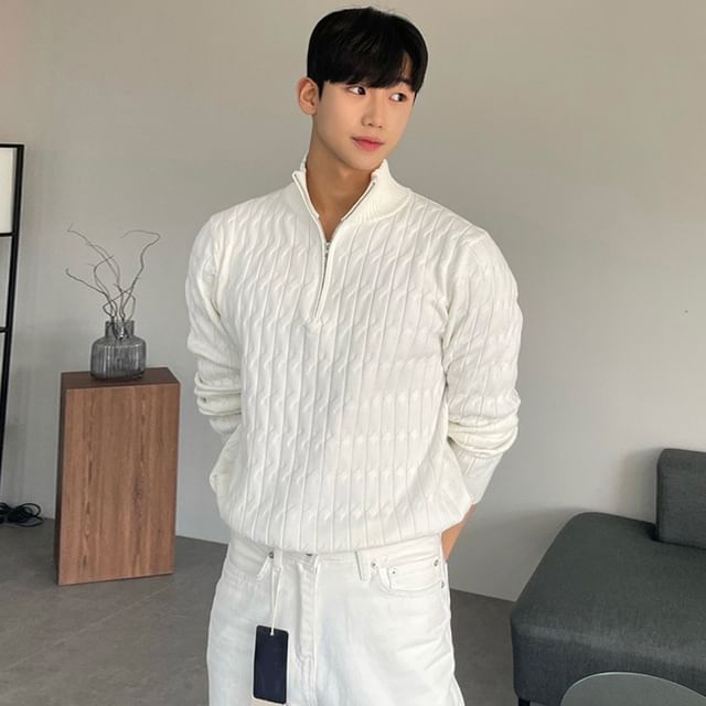 GRAYCIOUS-Half-Zip Plain Cable-Knit Sweater