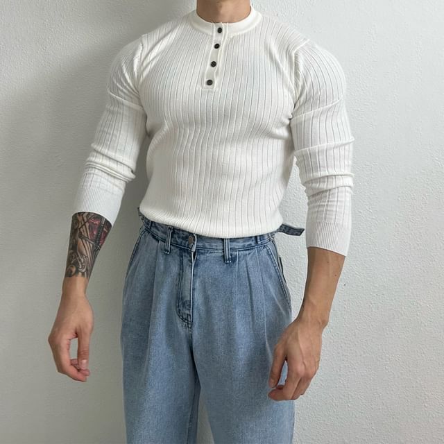 GRAYCIOUS-Henley Plain Ribbed Sweater