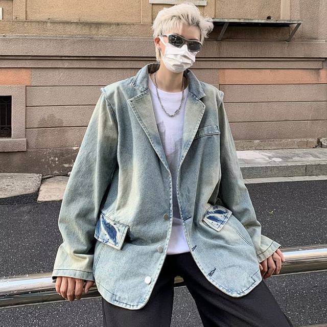 GRAYCIOUS-Lapel Collar Washed Denim Button Blazer
