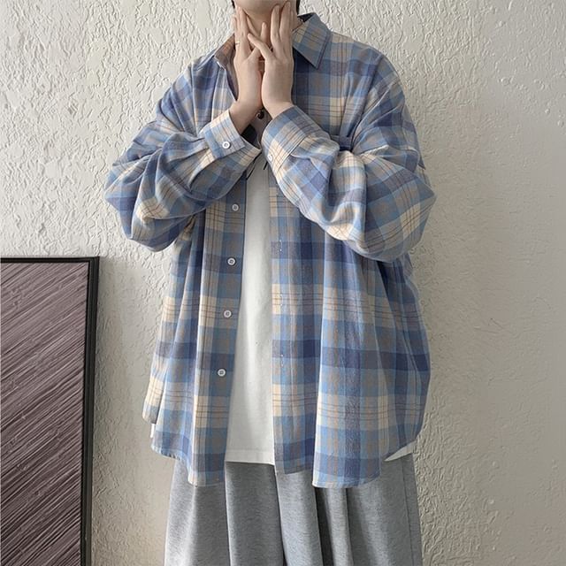 GRAYCIOUS-Long-Sleeve Collared Plaid Button Up Shirt