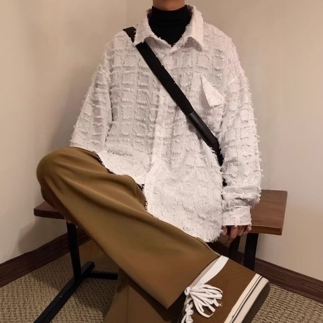 GRAYCIOUS-Long-Sleeve Collared Plain Fringe Button Up Shirt