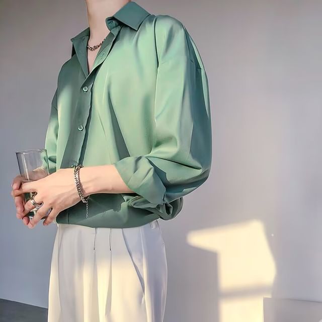 GRAYCIOUS-Long Sleeve Collared Plain Shirt