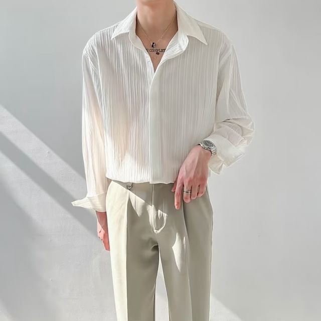 GRAYCIOUS-Long Sleeve Collared Plain Textured Shirt